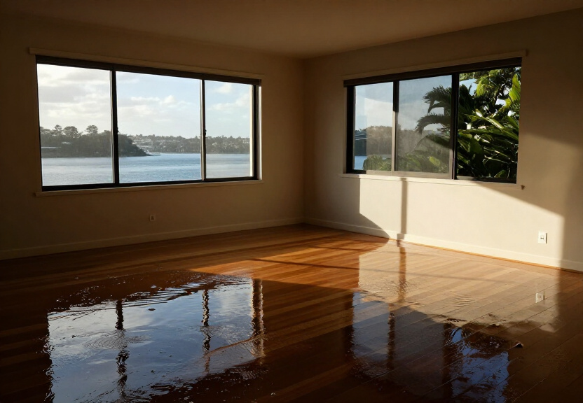 Flooded living room in a Manly home before restoration